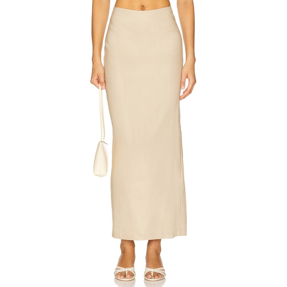 Camila Coelho Delanie Midi Skirt Beige Linen Blend High Slit- XS